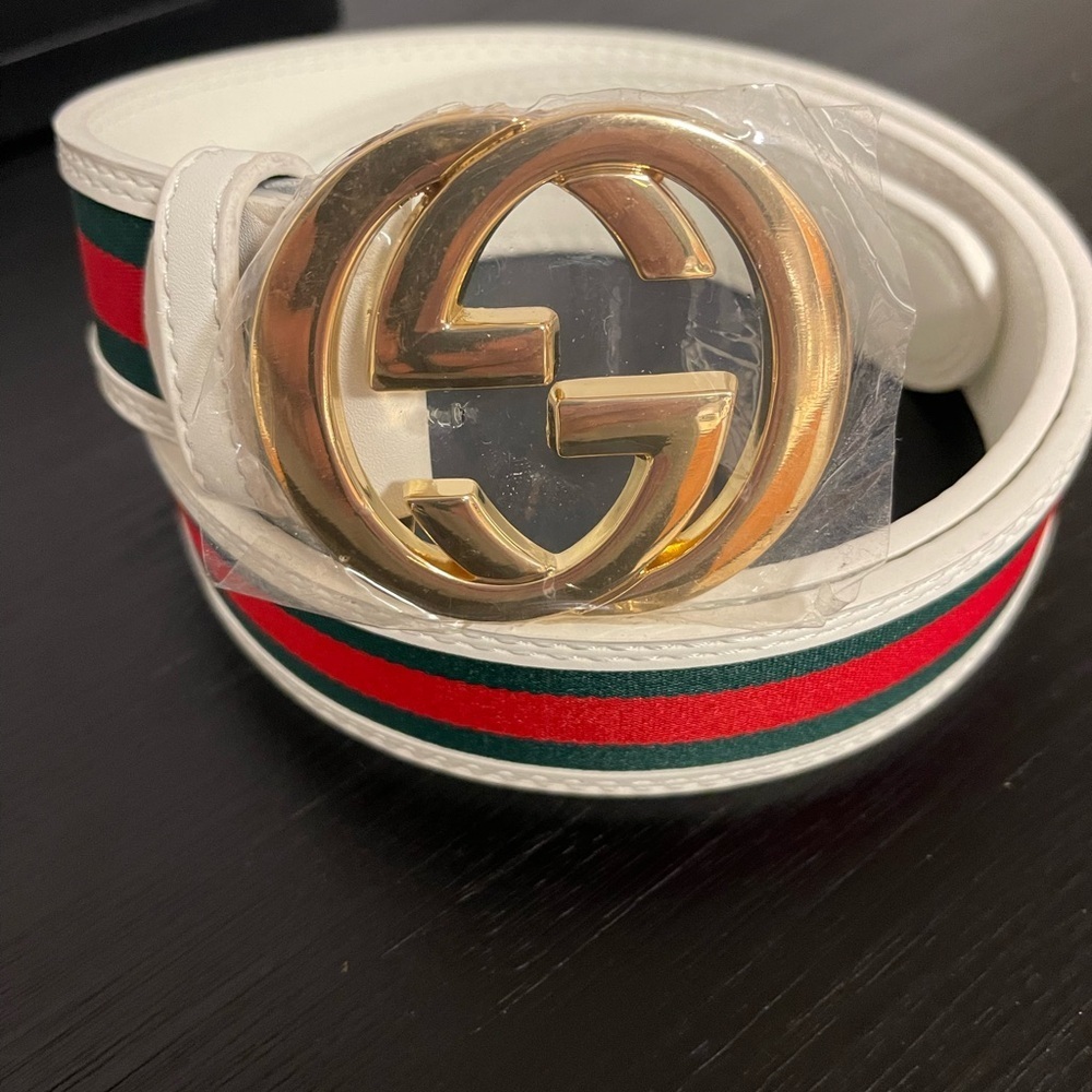Green Red and White striped Belt with Gold Logo 42-44 men - Picture 3 of 9